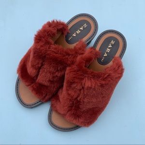 Zara TRF Faux Fur Burgundy Heeled Mule Sandals